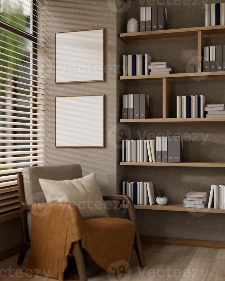 A cozy, sleek home relaxation corner features an armchair, a bookshelf, parquet flooring, and decor. photo