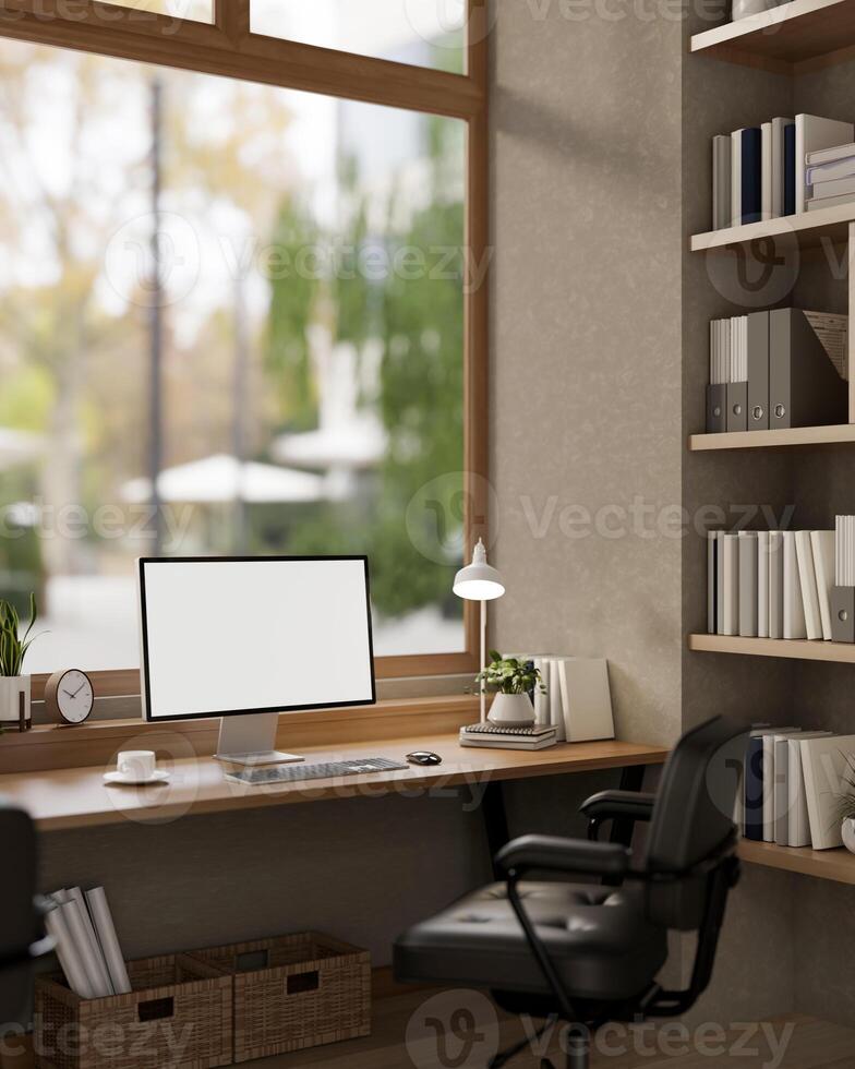 A comfortable, minimalist office featuring a computer with a white screen mockup on a wooden desk. photo