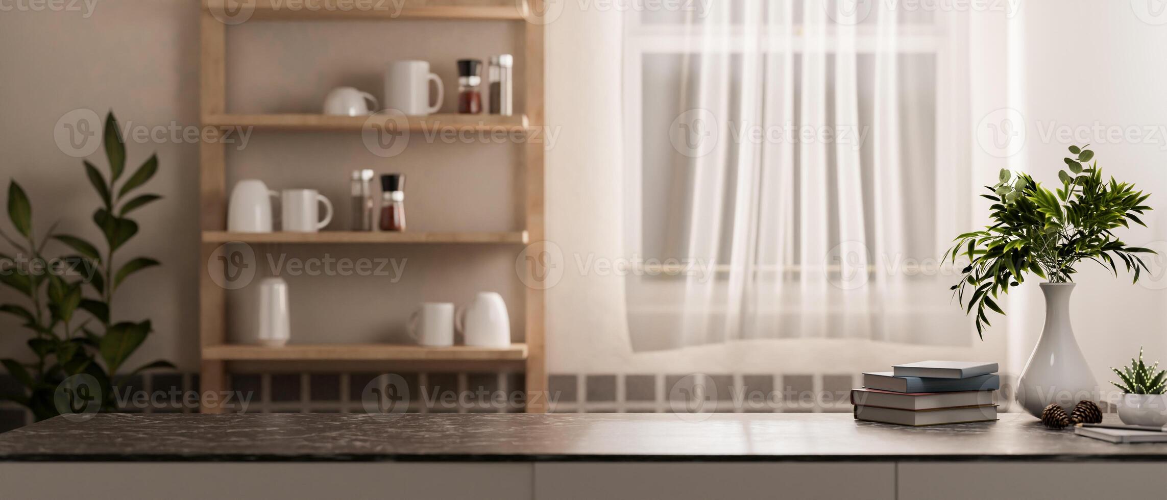 An empty space on a black marble tabletop in a comfortable, minimalist room. photo