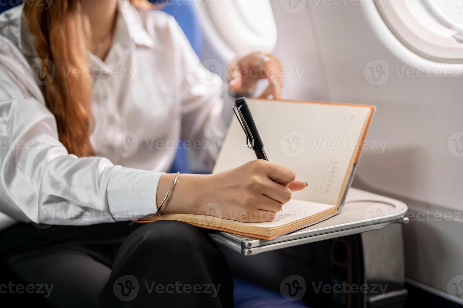 A close-up of a businesswoman works during the flight, taking notes in a book, flying abroad. photo