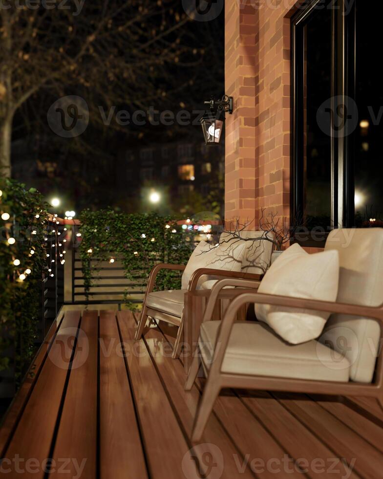 The exterior of a rustic brick outdoor balcony at night designed for relaxation, featuring armchairs photo