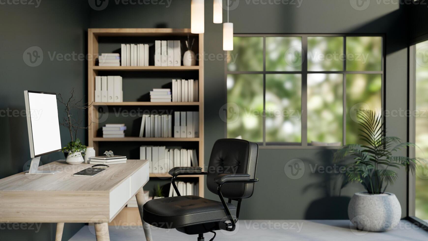 A modern dark green office workspace featuring a computer on a wooden table, a chair, and decor. photo