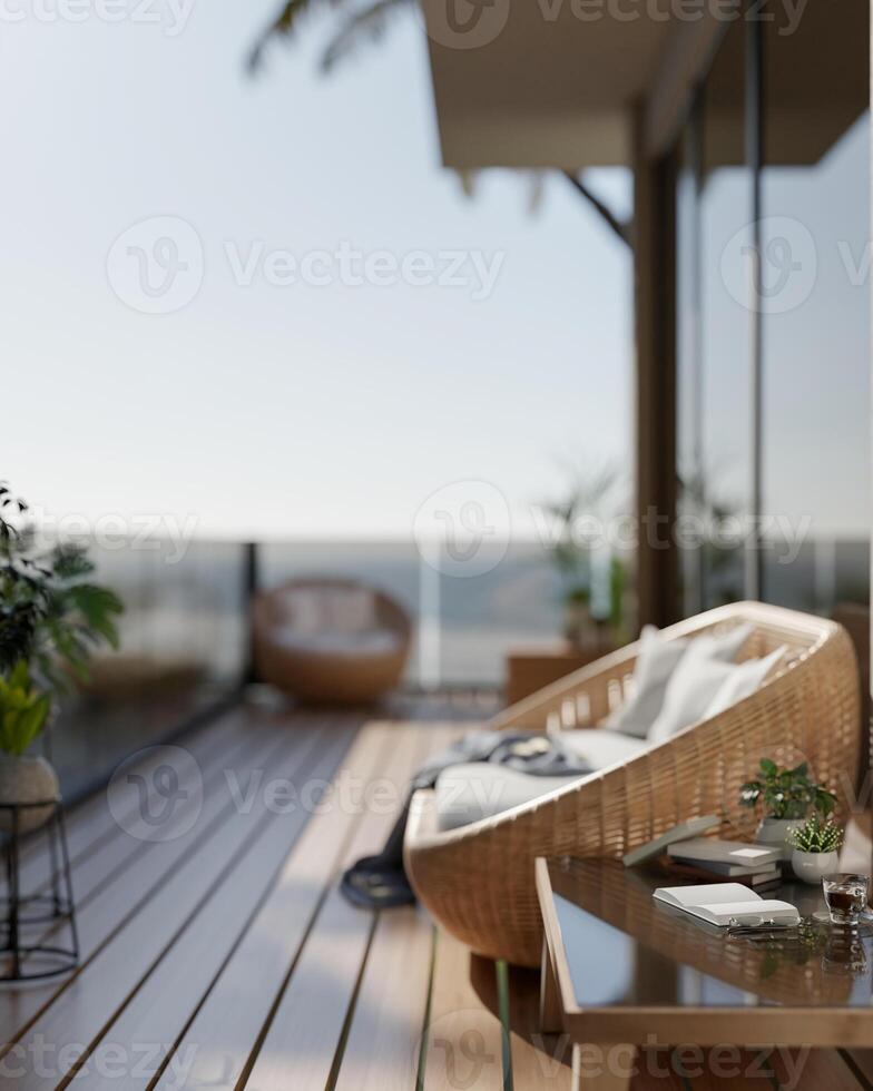 A cozy Scandinavian relaxation area on a balcony featuring a wicker sofa and a coffee table. photo