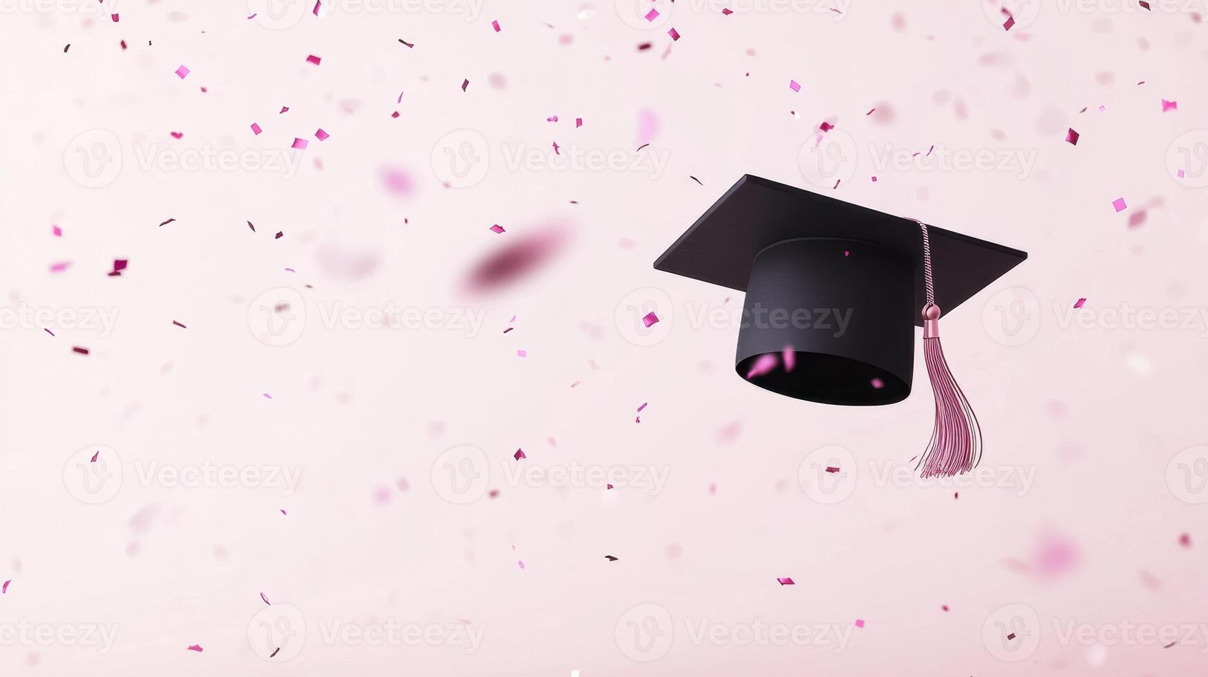 Elegant aesthetic invitation mockup for graduation with academic cap. Light background with confetti photo
