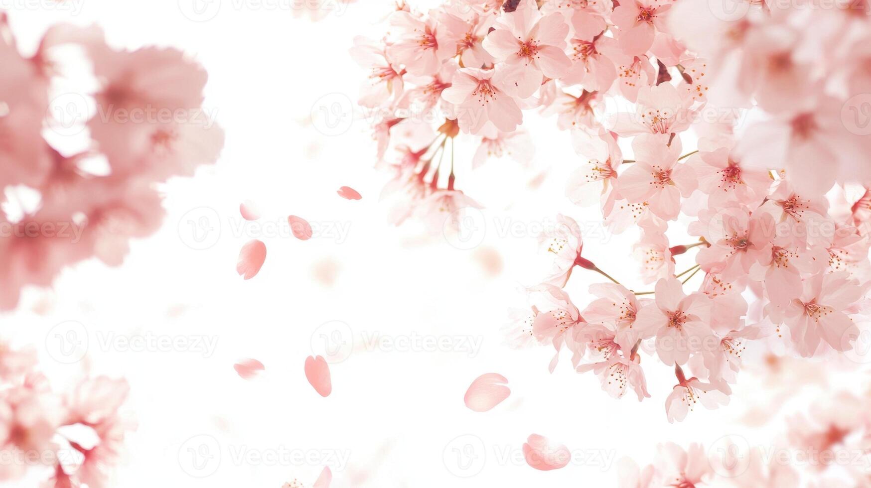 Clean white background with a delicate arrangement of Japanese cherry blossoms in soft pink tones. photo