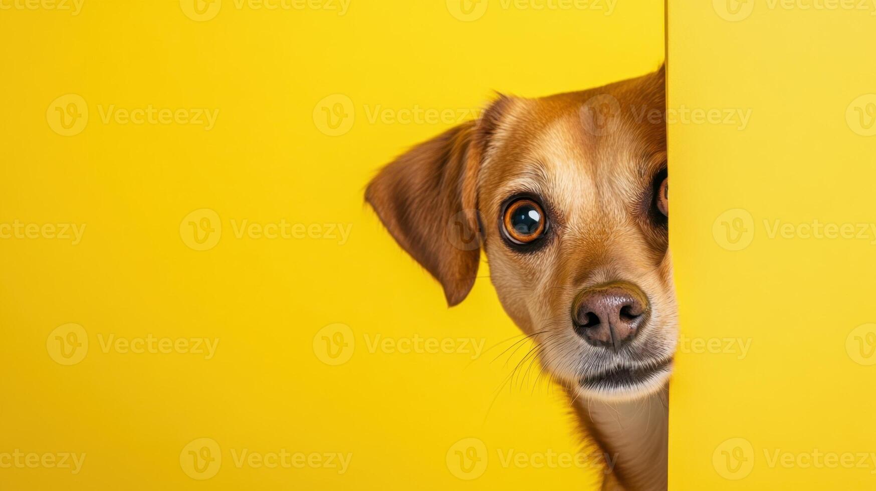 Dog with surprised and happy eyes peeking out from around a corner photo