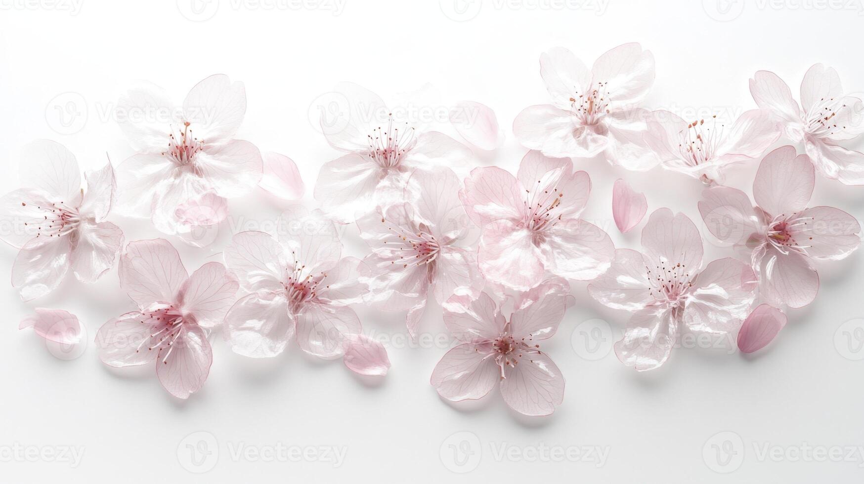 Clean white background with a delicate arrangement of Japanese cherry blossoms in soft pink tones. photo