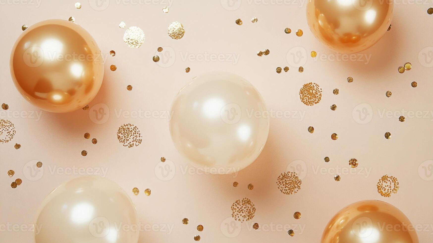 Light, celebratory white background featuring helium balloons in metallic gold and white, with scattered golden confetti photo