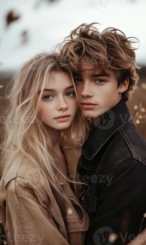 Wonderful scene of love and happiness between a couple in love hugging photo