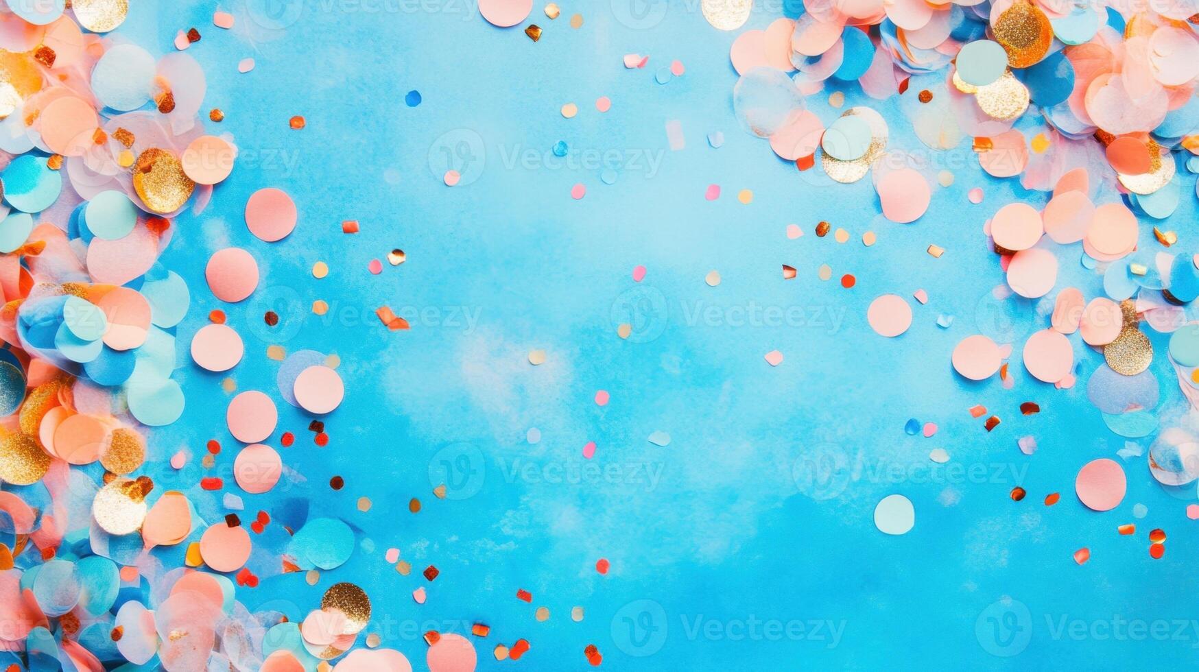 Colorful confetti falls against a blue background, creating a festive atmosphere with shimmering particles photo