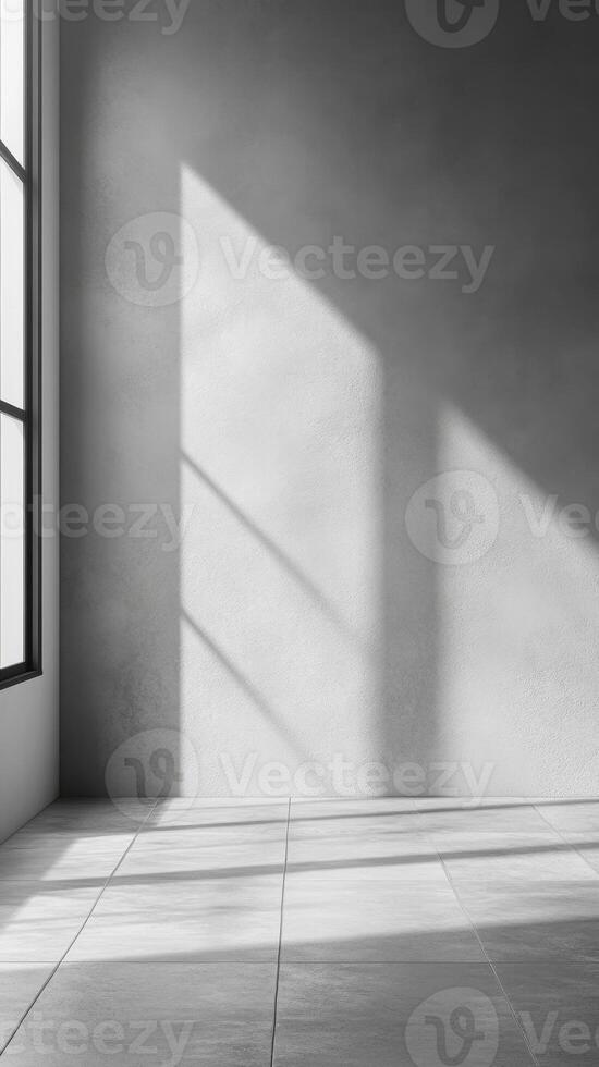 Bright sunlight filtering across white walled interior, casting long shadows on minimalist tiled flooring background photo
