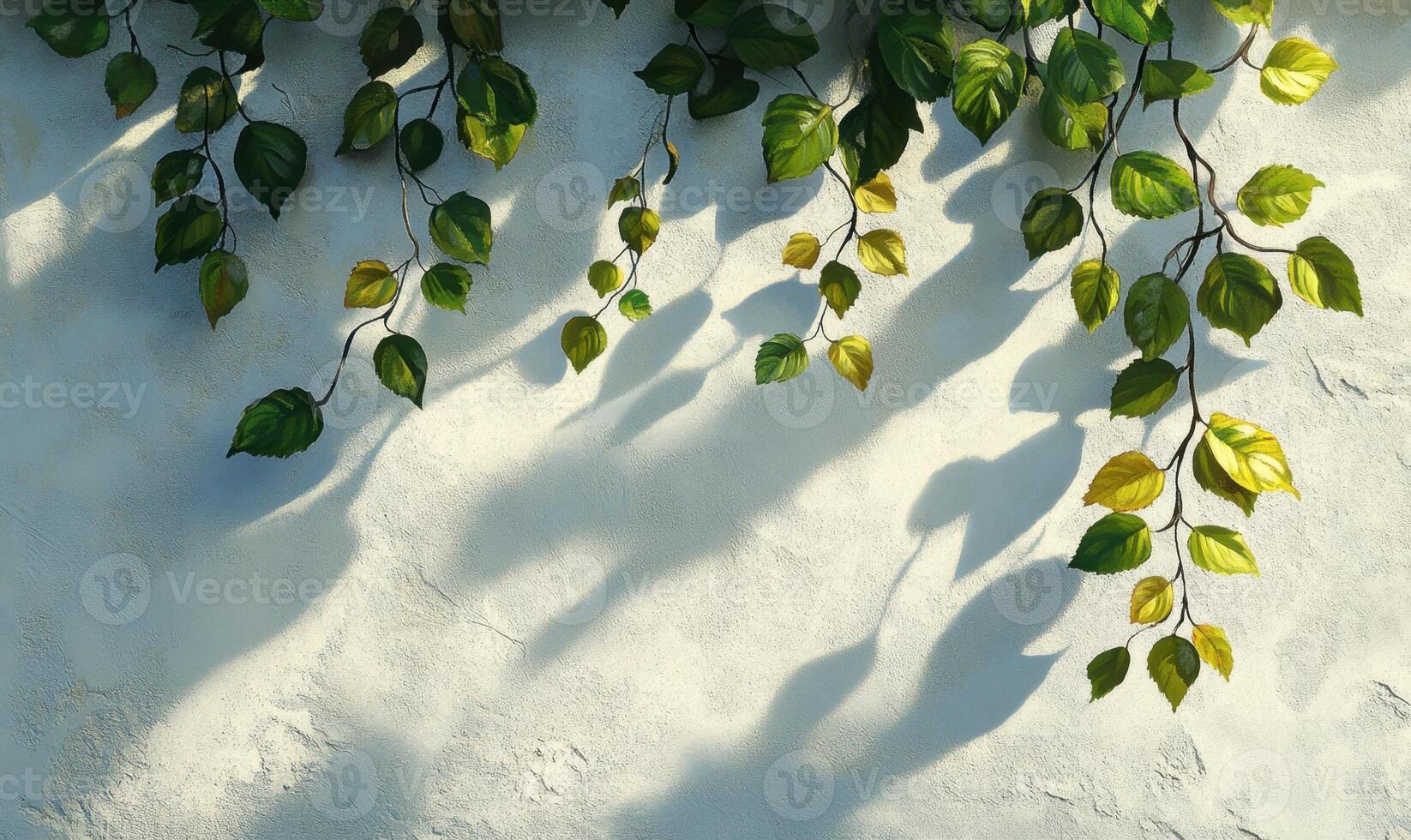 Green leafy branches leaves draping elegantly, casting delicate shadows on pristine white wall under soft sunlight background photo