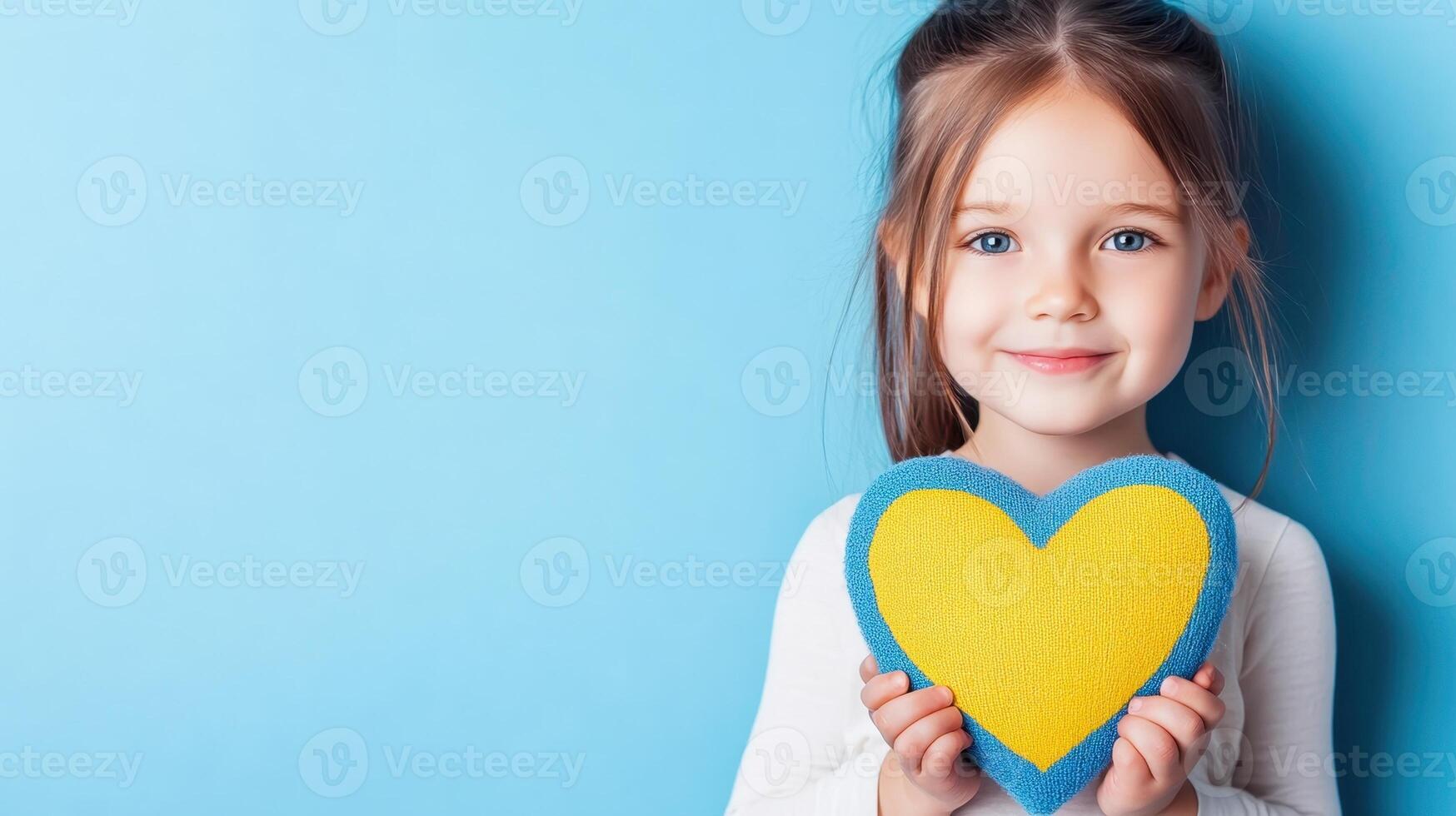 Child holding a heart with both hands, close-up. The heart is split in two colors, blue on the top half and yellow photo