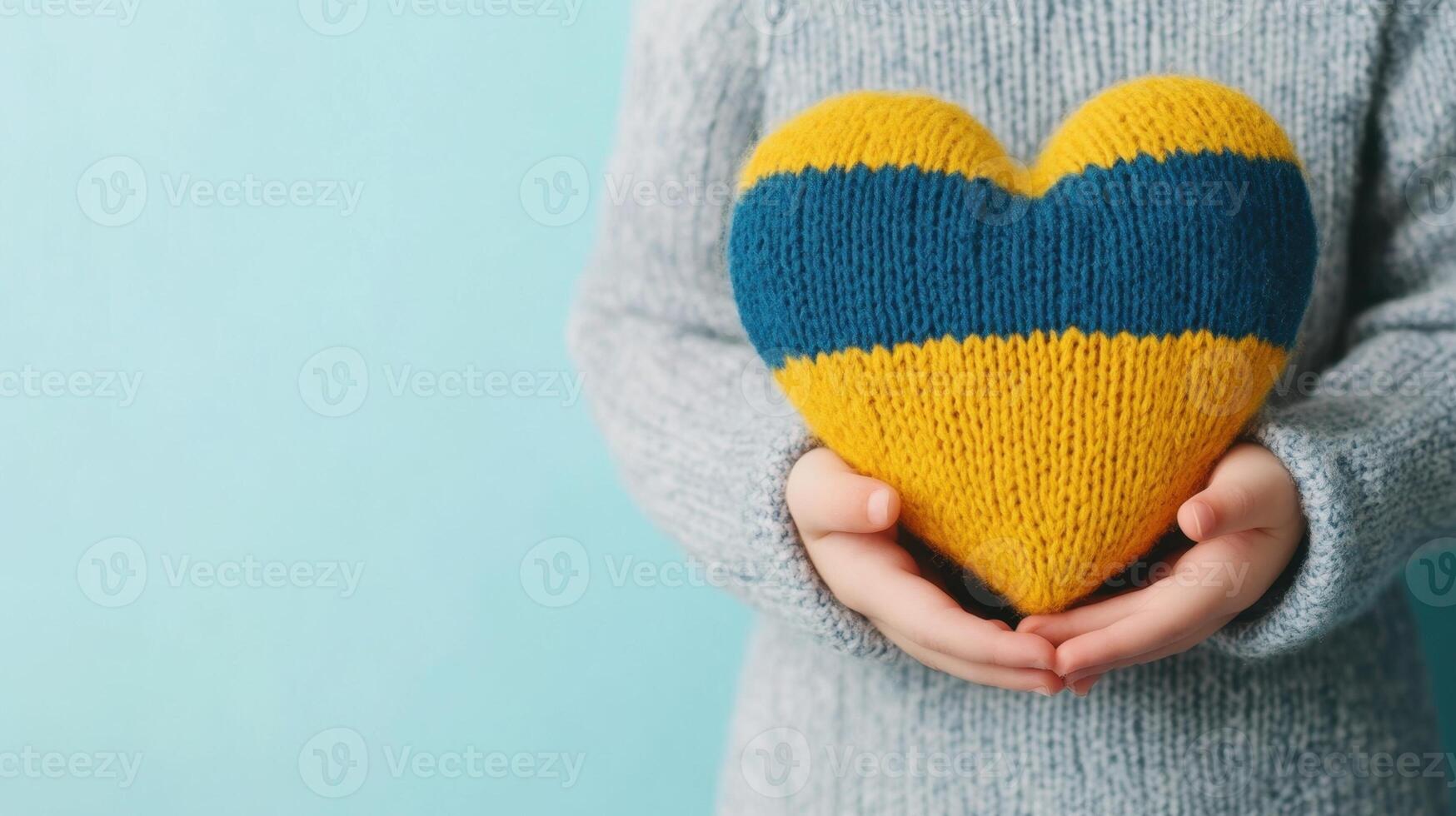 Child holding a heart with both hands, close-up. The heart is split in two colors, blue on the top half and yellow photo