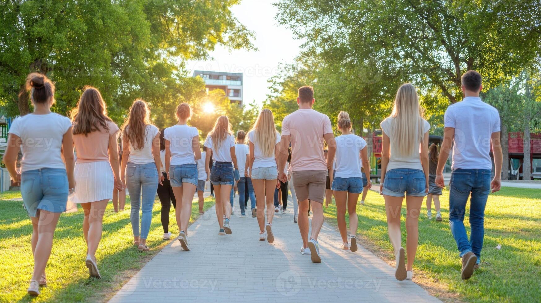Back view of happy multigenerational people having fun in a public park during sunset time Community and support concept photo