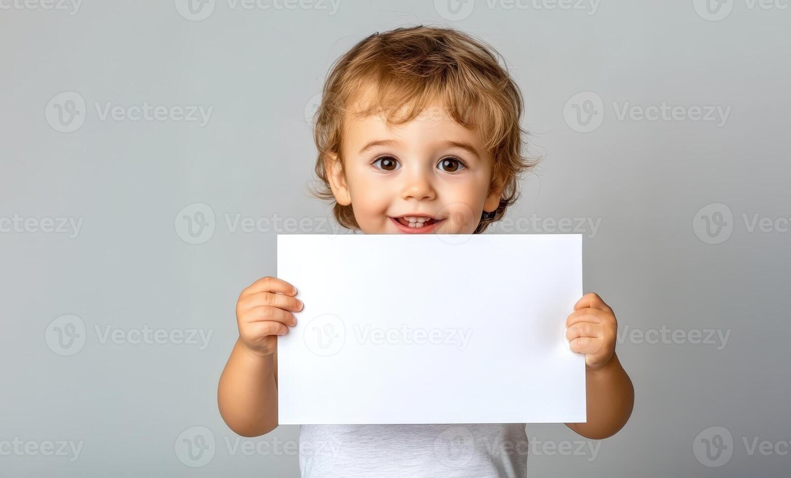 Female model presenting blank white paper, studio gray backdrop, minimal styling photo
