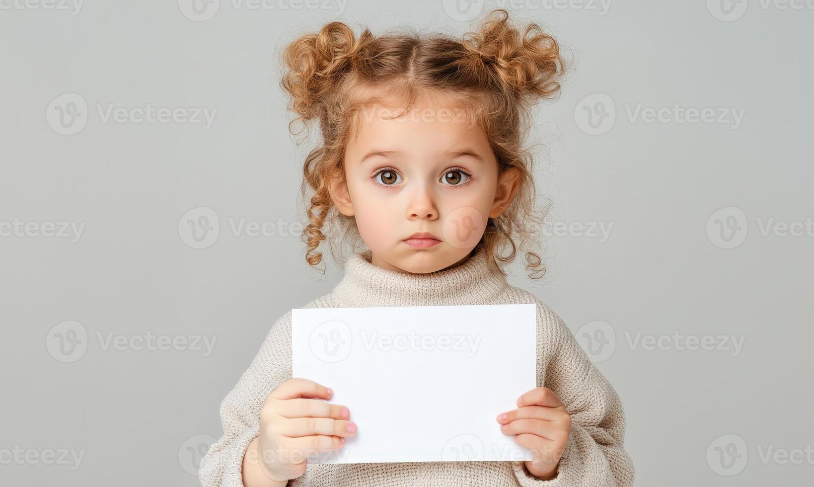 Female model presenting blank white paper, studio gray backdrop, minimal styling photo