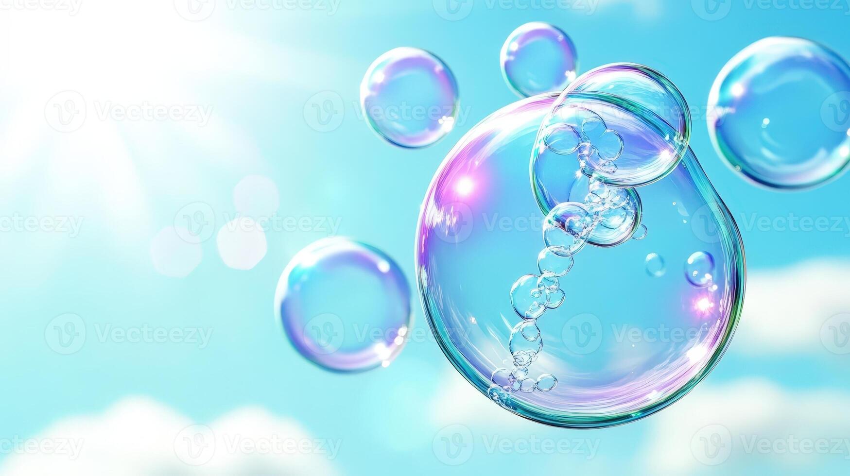Iridescent soap bubbles drifting against azure sky, catching golden sunlight with wispy clouds softening background photo