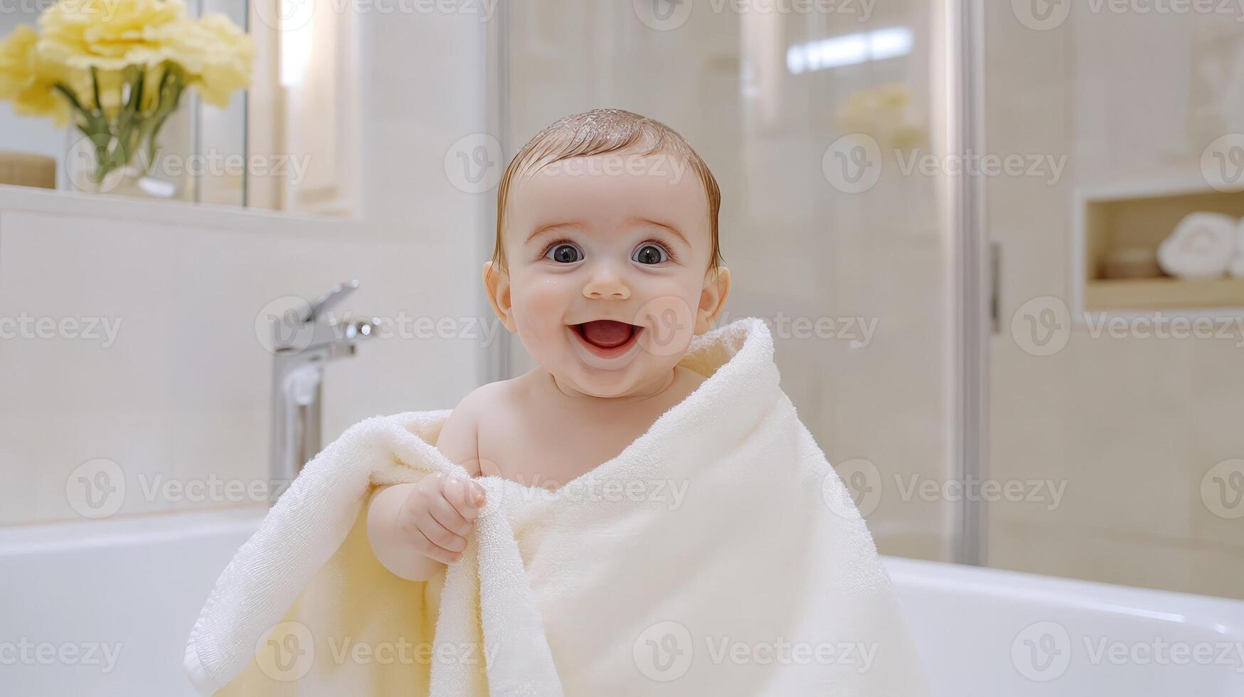 Smiling baby waving hand while being dried with white towel by parent after bath in modern bathroom photo