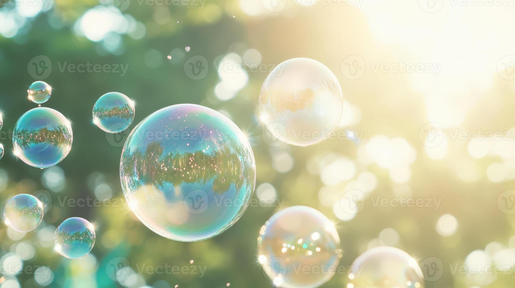 Iridescent soap bubbles drifting against azure sky, catching golden sunlight with wispy clouds softening background photo