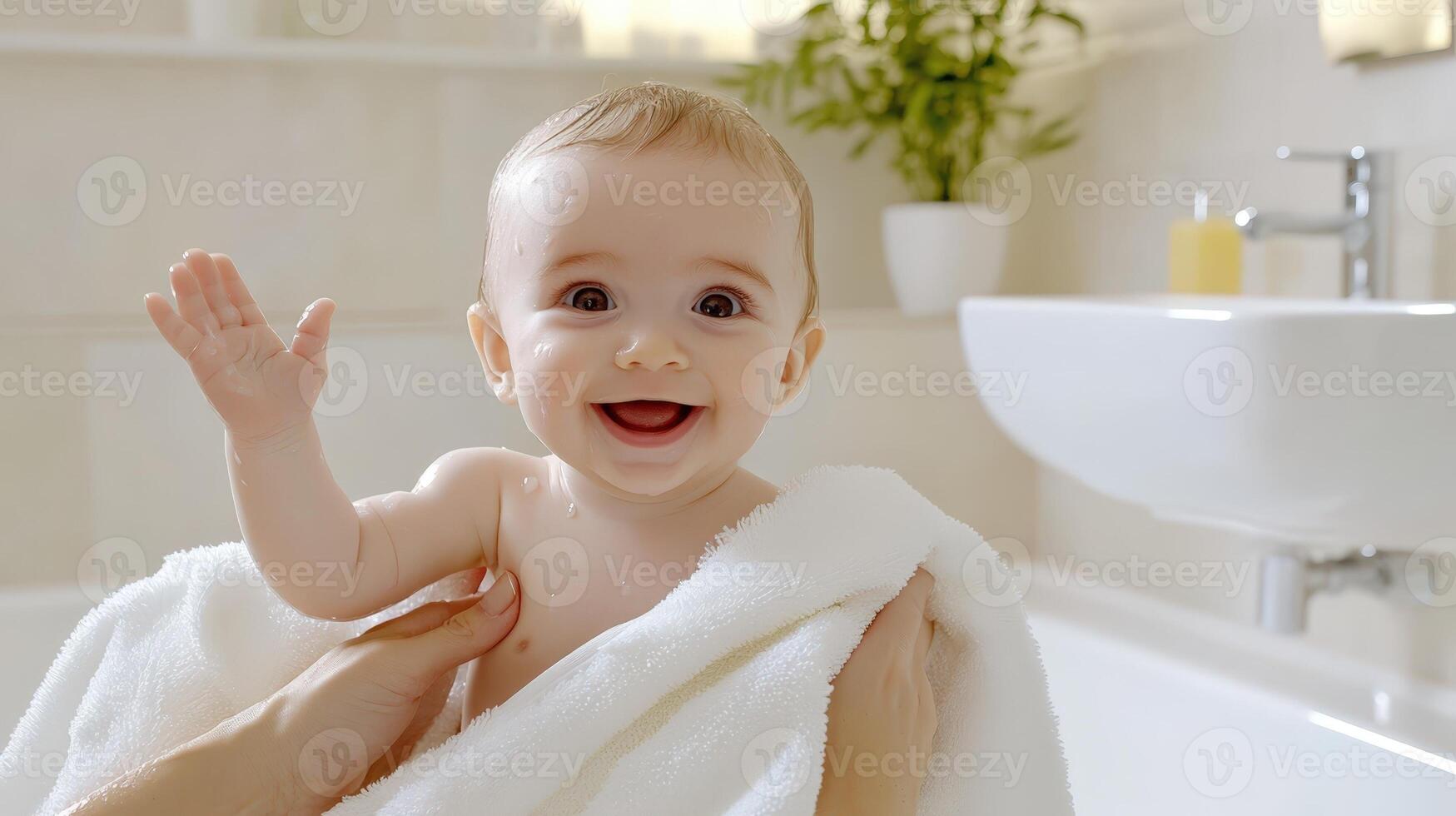 Smiling baby waving hand while being dried with white towel by parent after bath in modern bathroom photo