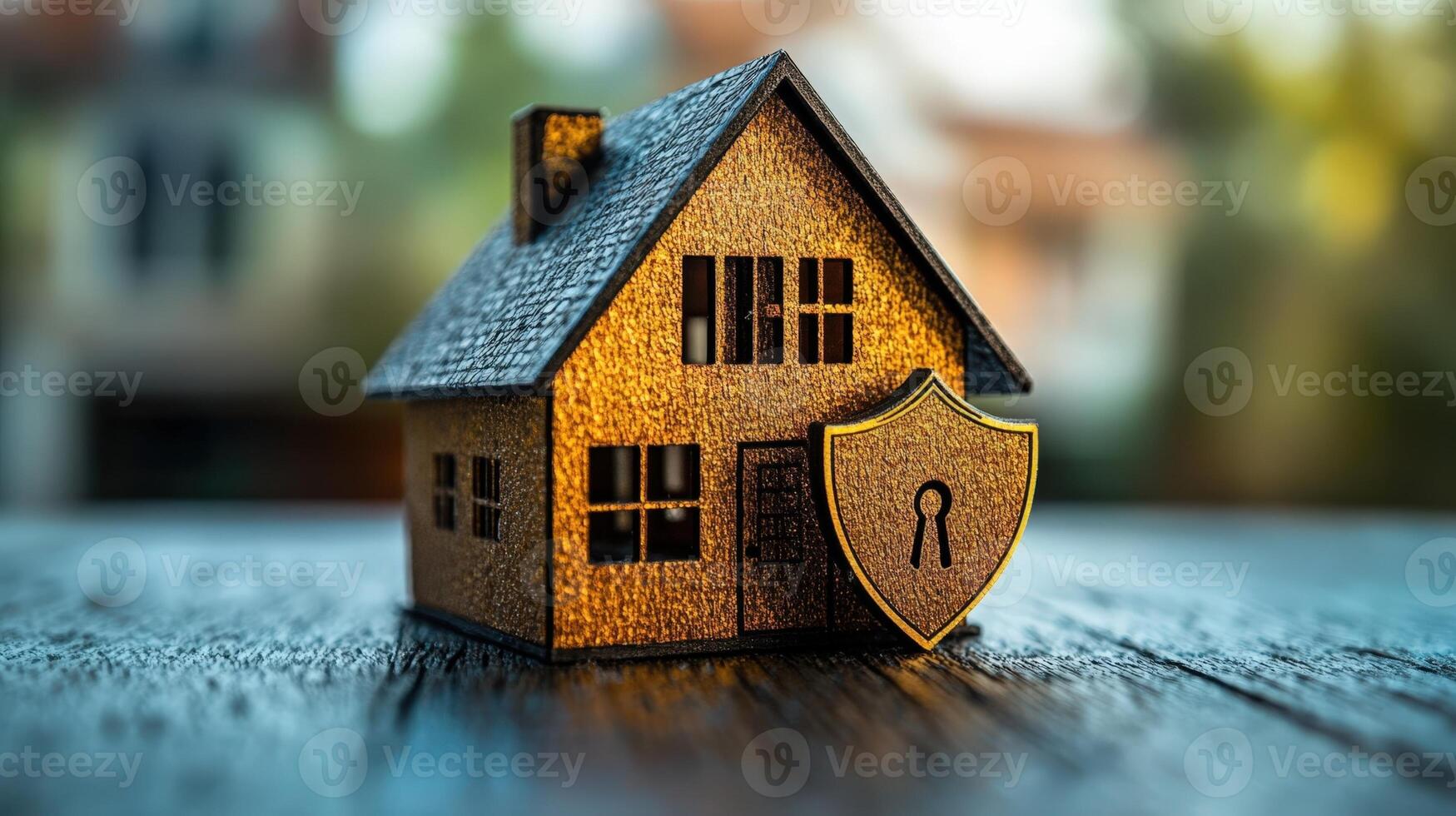 Miniature white house model is being protected by a large red shield, suggesting home security and insurance photo