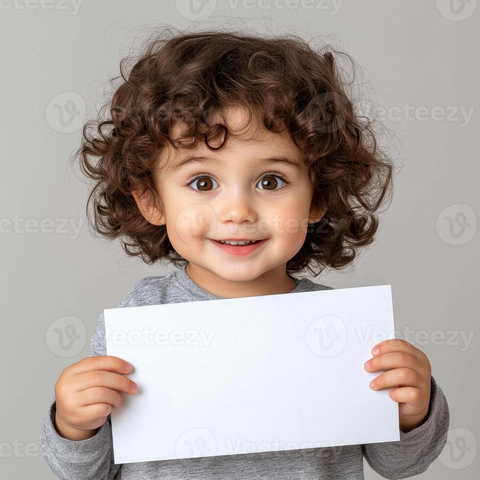 Cute little kid holding A4 paper in studio on light gray background photo