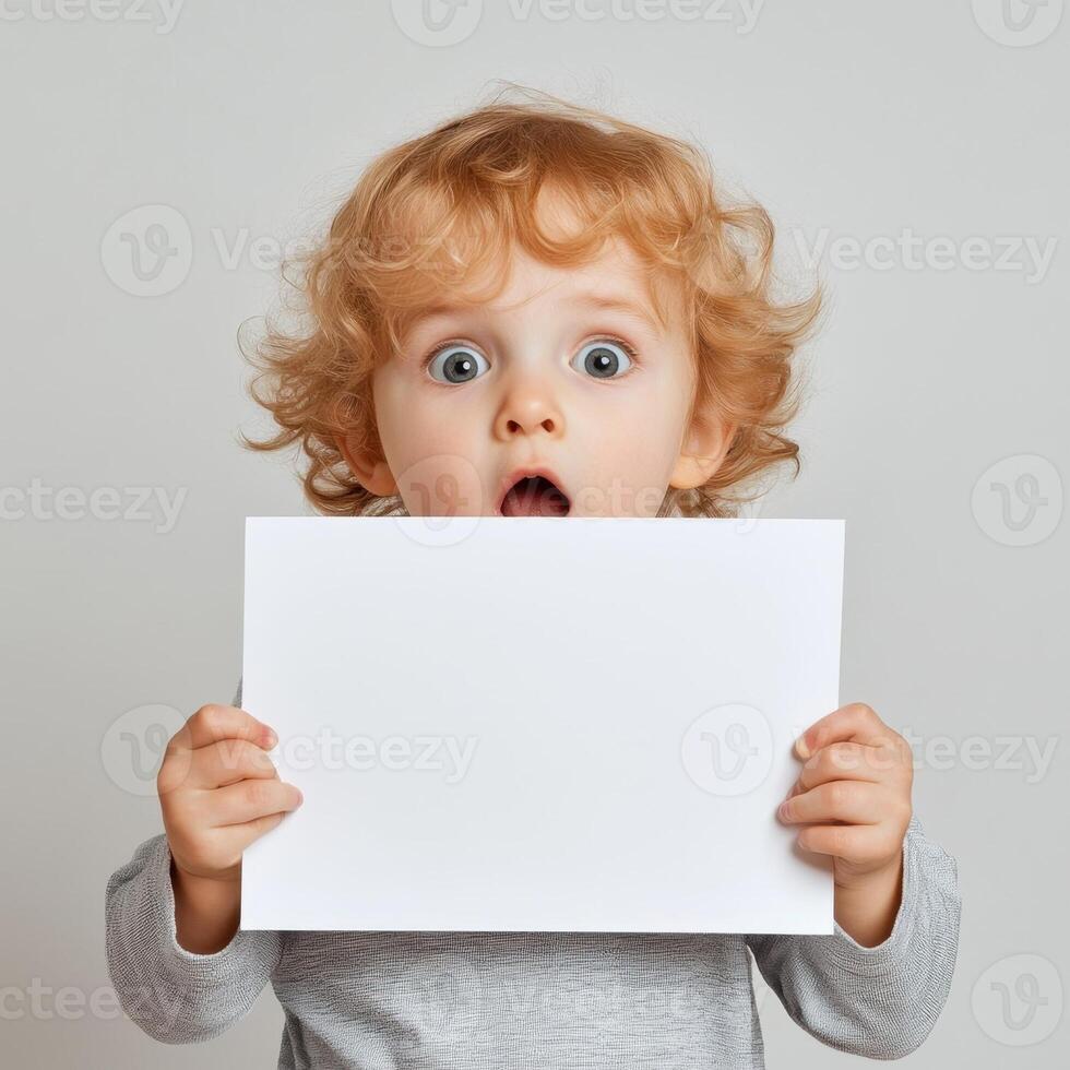 Cute little kid holding A4 paper in studio on light gray background photo