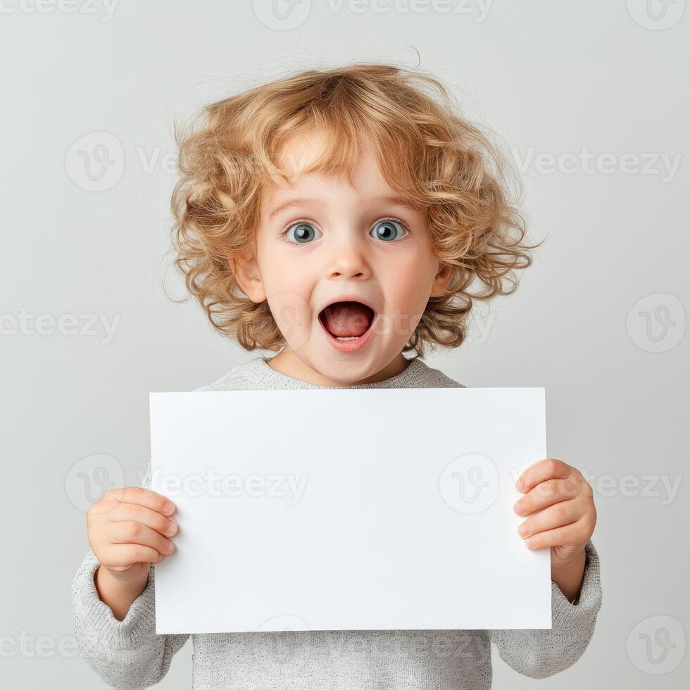 Cute little kid holding A4 paper in studio on light gray background photo
