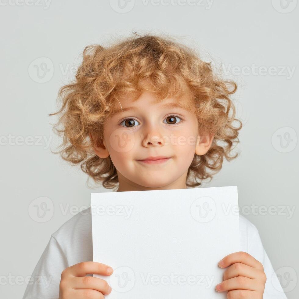 Cute little kid holding A4 paper in studio on light gray background photo