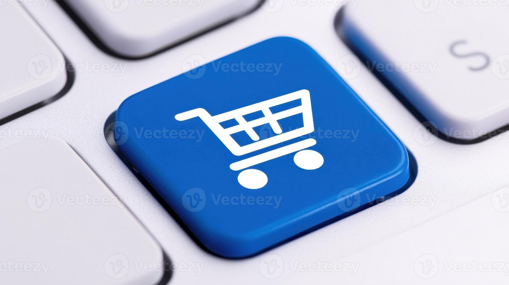 Blue button with a shopping cart icon on a white keyboard, representing an online store or e-commerce concept photo
