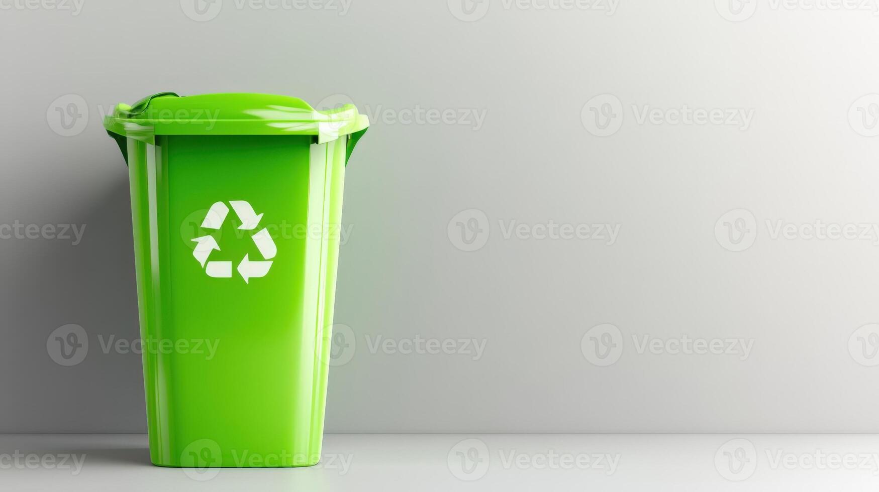 Green recycling bin with recycle symbol stands against a matching green backdrop, symbolizing environmental awareness and waste reduction photo