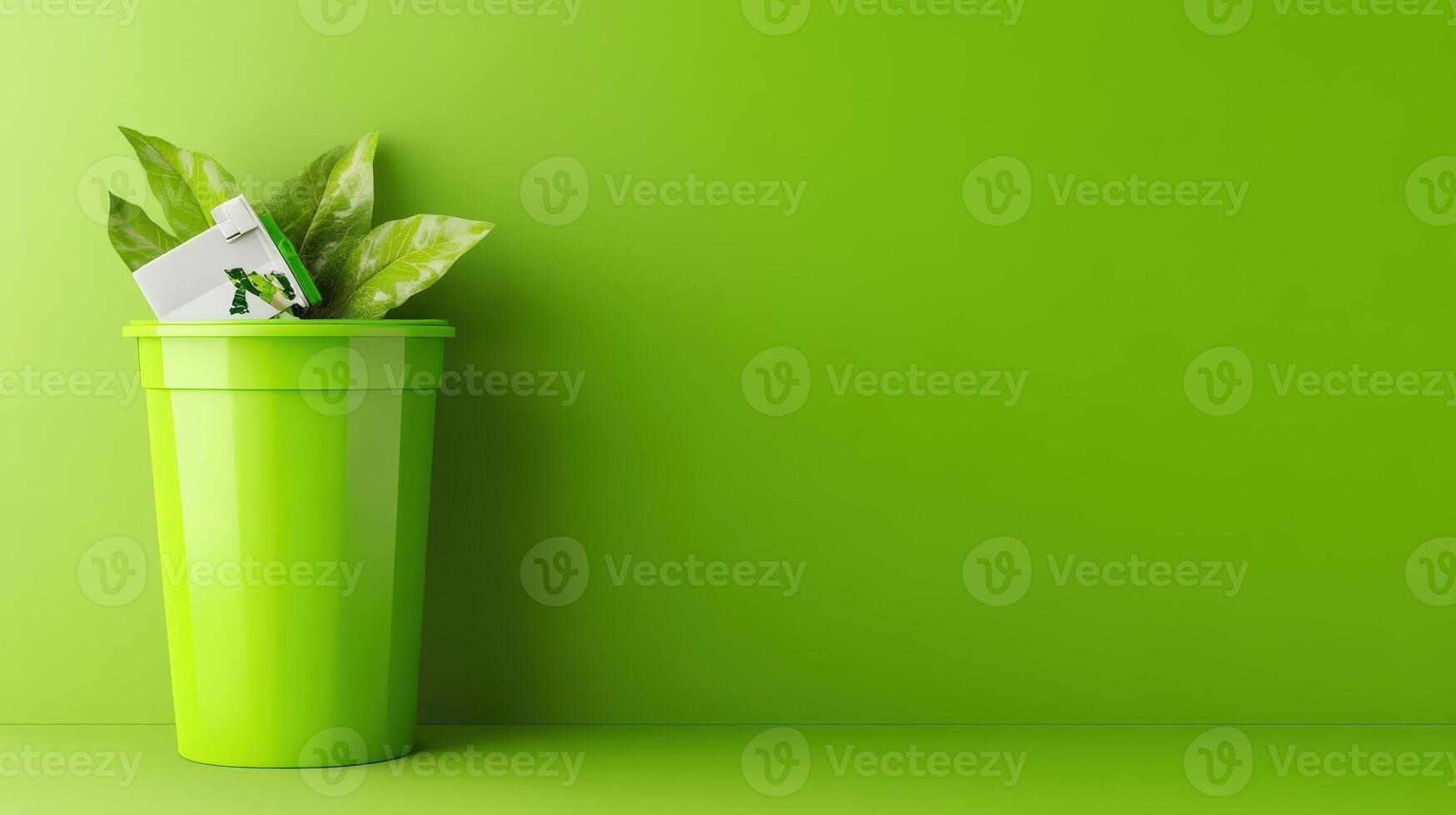 Green recycling bin with recycle symbol stands against a matching green backdrop, symbolizing environmental awareness and waste reduction photo