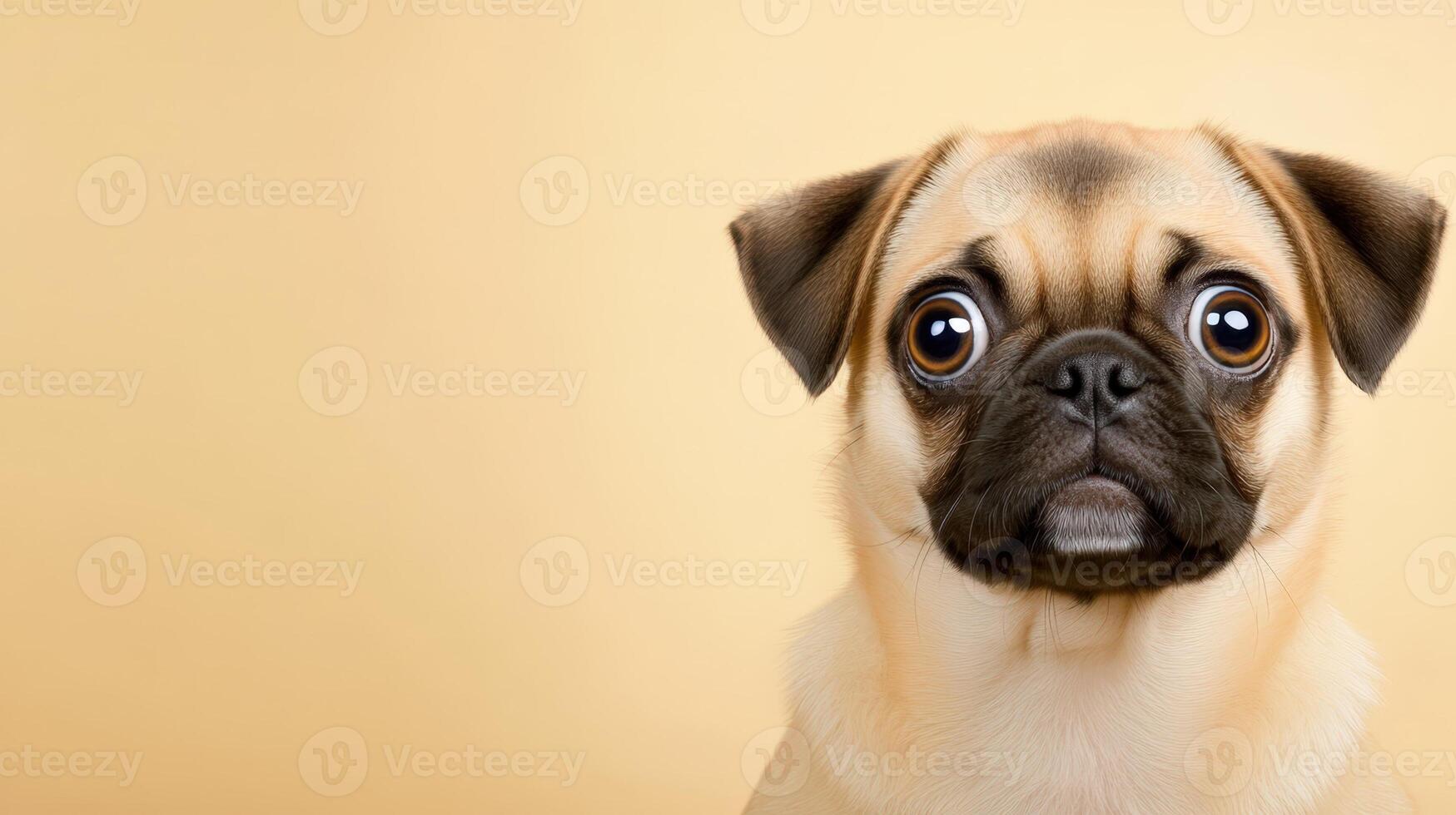 Cute pug puppy displaying wide eyed surprise with wrinkled brow against neutral beige background photo