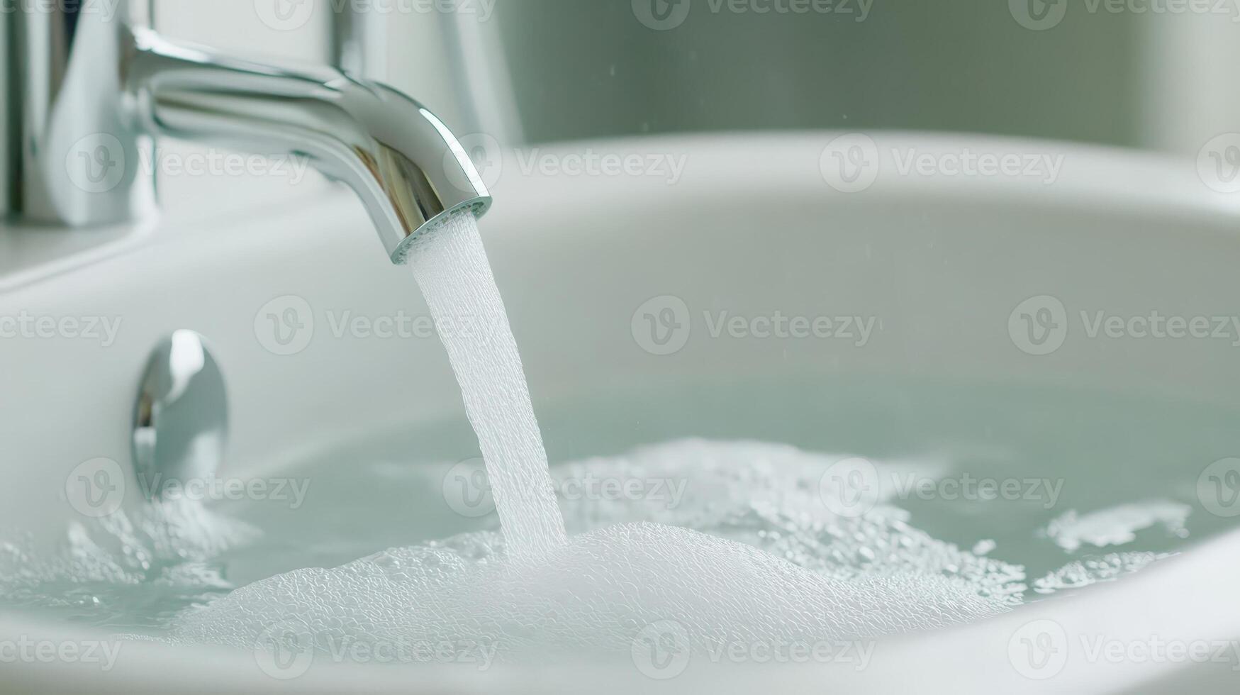Clean water streaming from sleek chrome faucet into pristine white sink, generating foamy bubbles during thorough hygiene process photo