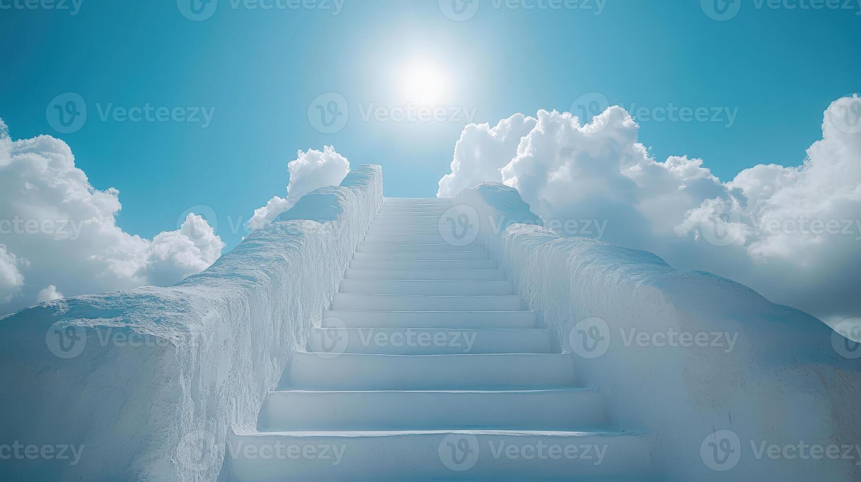 Marble stairway leading up through white clouds towards a bright light, symbolizing the path to heaven, afterlife, and spiritual ascension photo