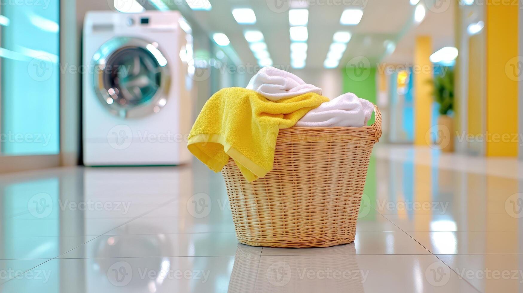 Soft pink towels tightly rolled, resting in wicker basket near washing machine, highlighting home laundry organization photo