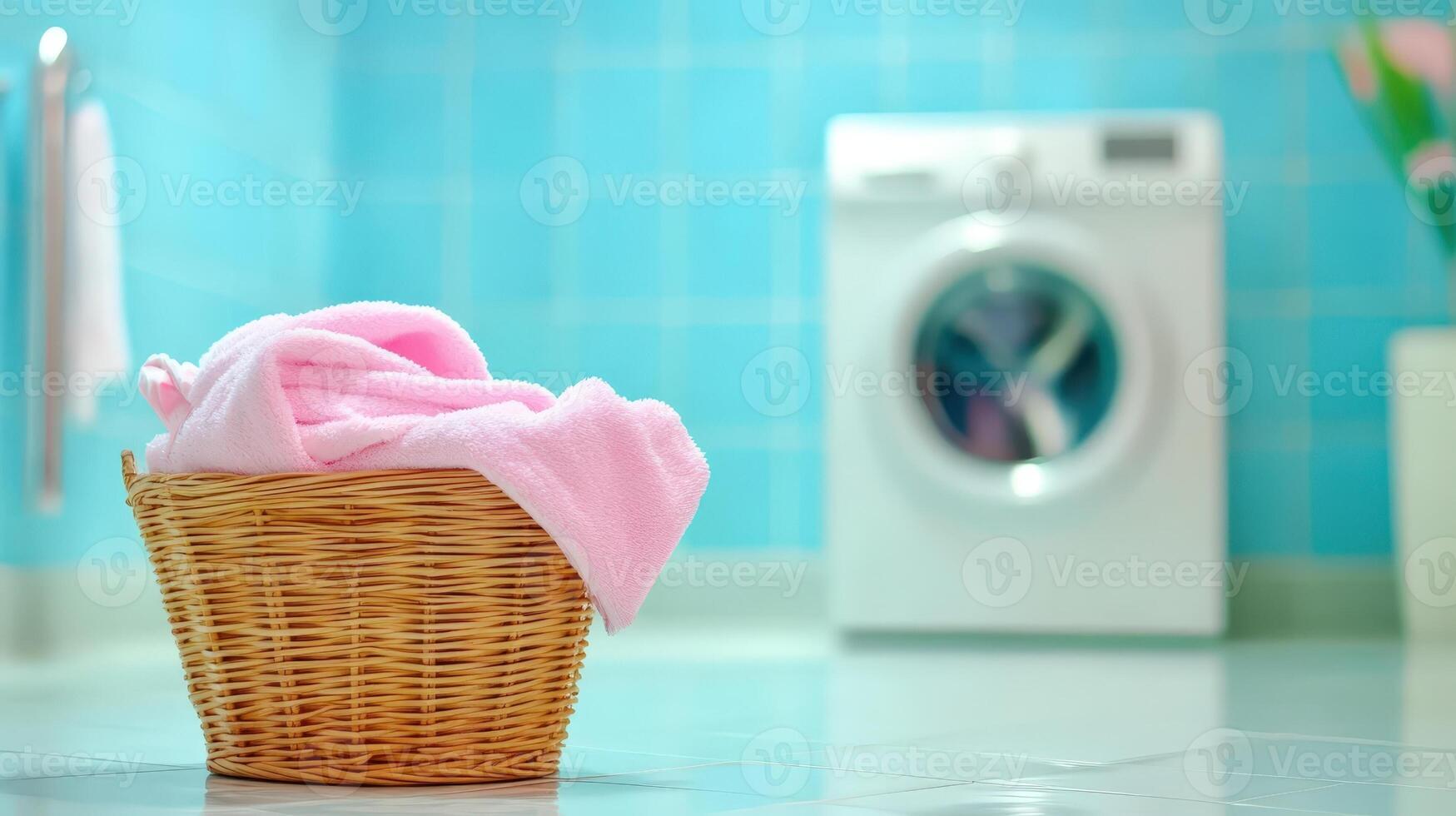 Soft pink towels tightly rolled, resting in wicker basket near washing machine, highlighting home laundry organization photo