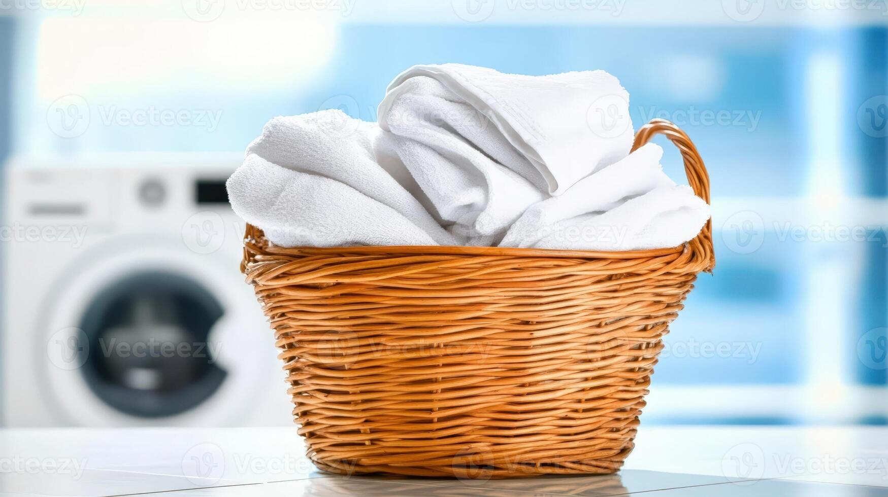 Soft pink towels tightly rolled, resting in wicker basket near washing machine, highlighting home laundry organization photo