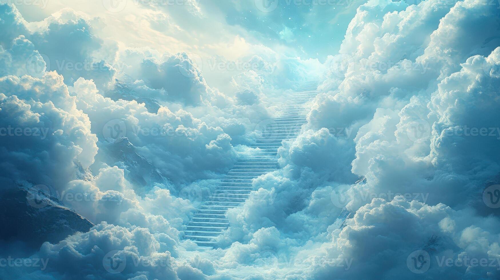 Marble stairway leading up through white clouds towards a bright light, symbolizing the path to heaven, afterlife, and spiritual ascension photo