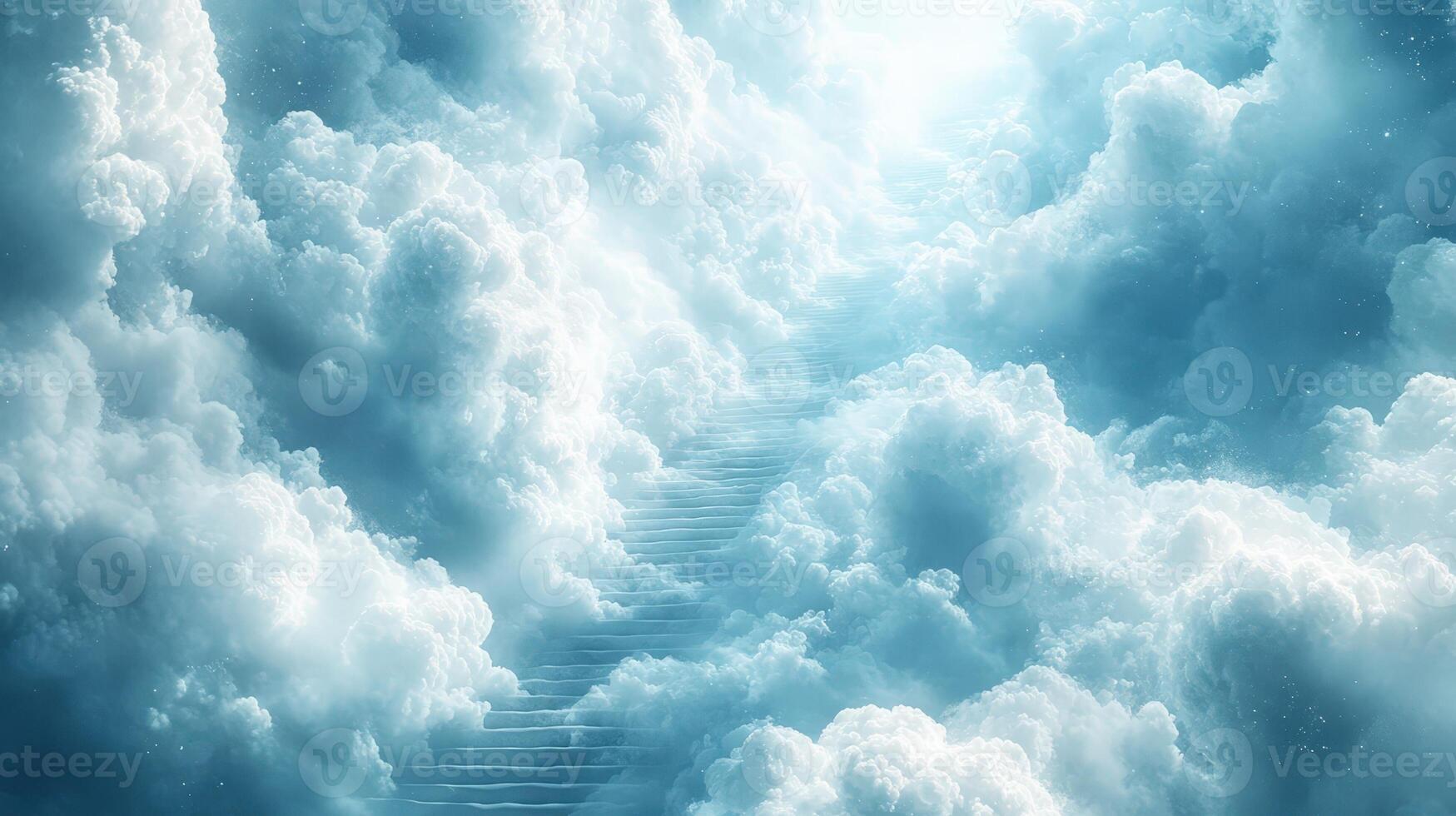 Marble stairway leading up through white clouds towards a bright light, symbolizing the path to heaven, afterlife, and spiritual ascension photo