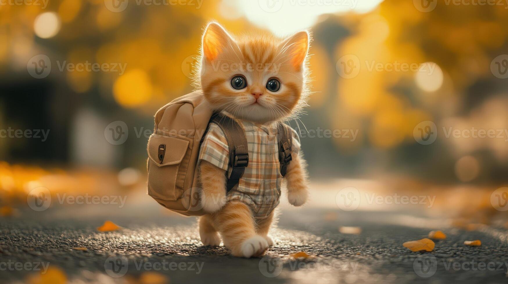 Cat wearing a yellow jacket and blue pants is walking down a street photo