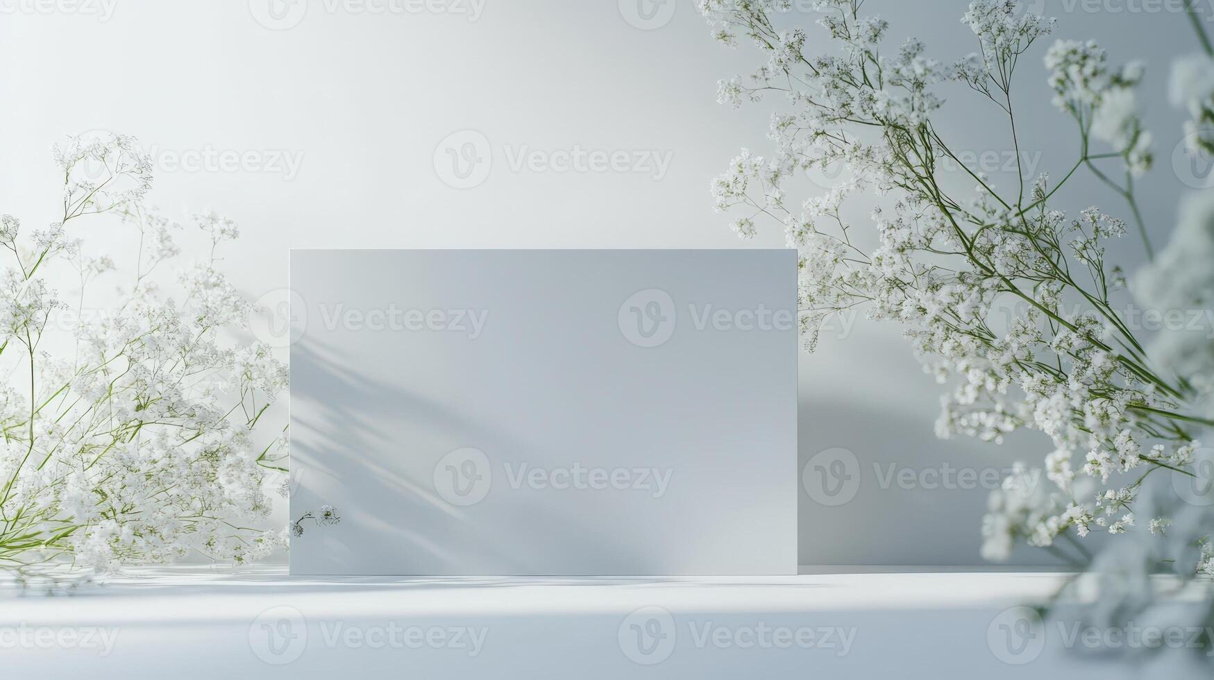 White flowers surrounding blank card mockup against pristine backdrop, offering minimalist wedding stationery or design element with elegant simplicity photo