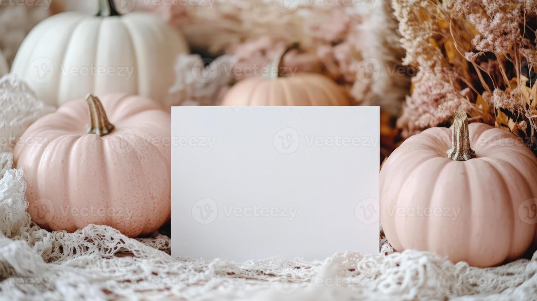 Autumn seasonal display mockup with white card surrounded by pink, white pumpkins, vintage lace, scattered dried botanical elements photo
