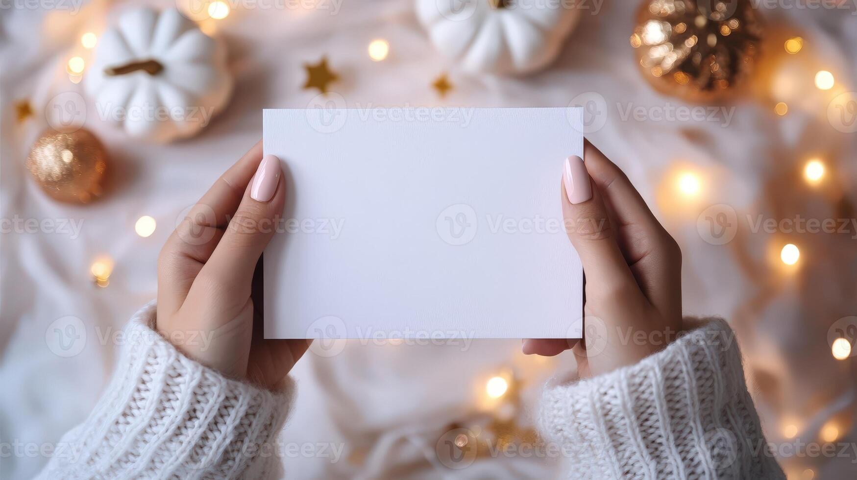 Woman holding blank greeting card mockup near seasonal autumn decor, soft white and pink and gold bokeh pumpkins illuminating rustic setting photo