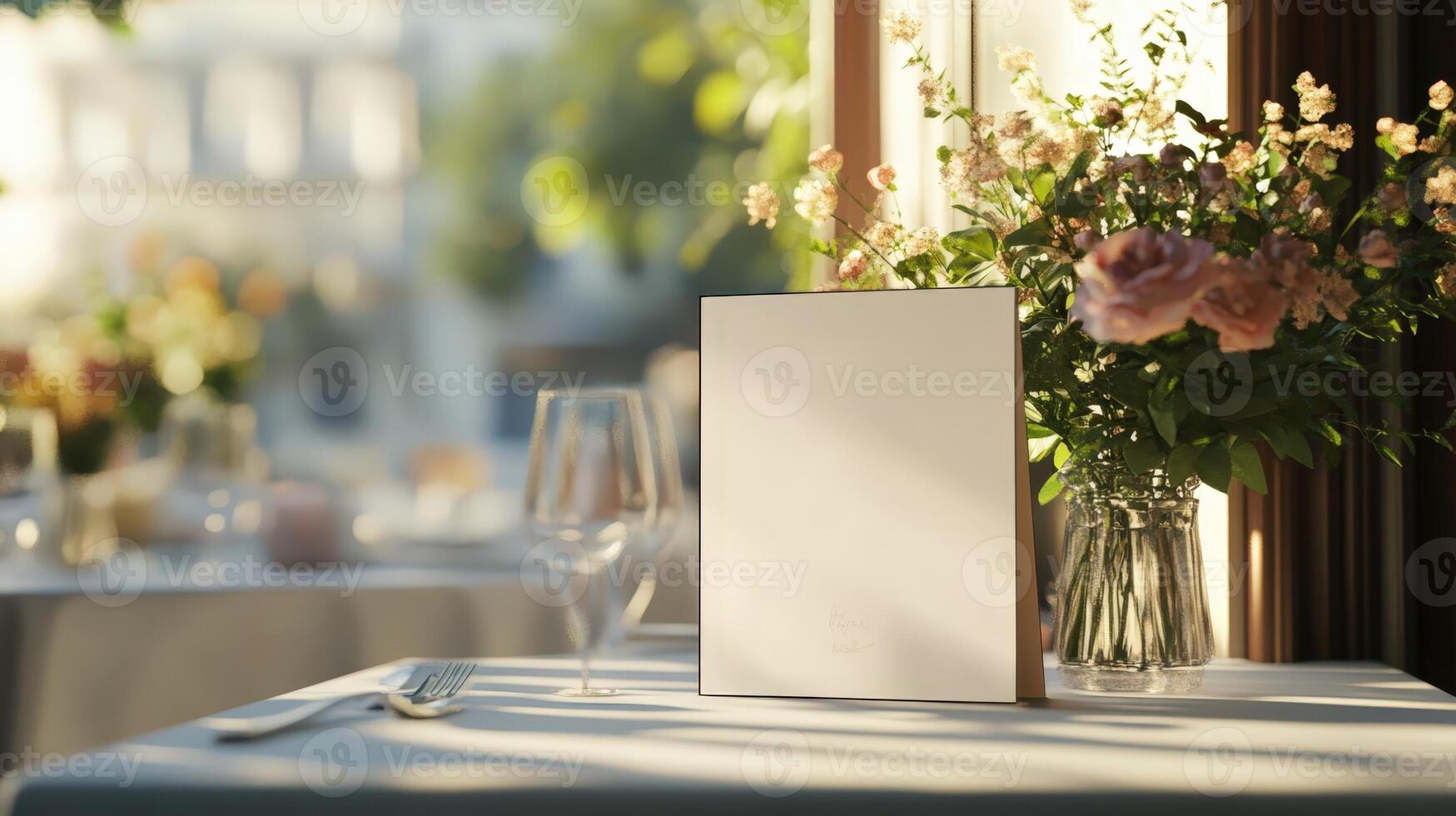Soft sunlight highlighting elegant table arrangement featuring crystal wine glasses, blank menu mockup, and refined floral centerpiece preparing for luxurious wedding reception photo