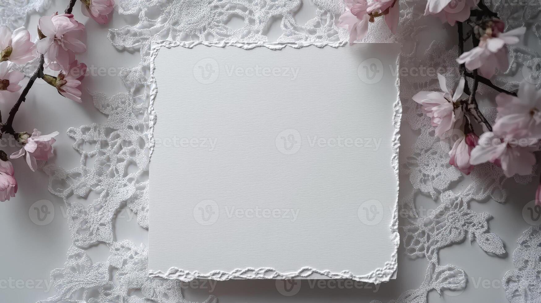 White blank mockup card featuring an embossed spring floral border, enhancing wedding stationery with spring flowers and lace for elegant invitations photo