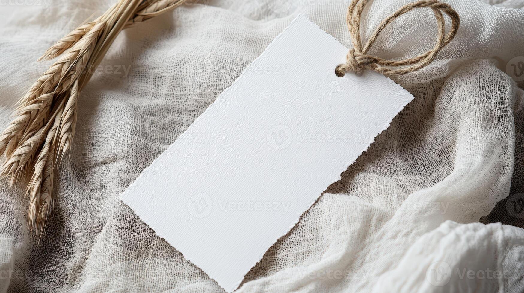 Blank white tag mockup hanging on textured gauze with dried floral elements, resting against gray concrete surface for minimalist branding design photo
