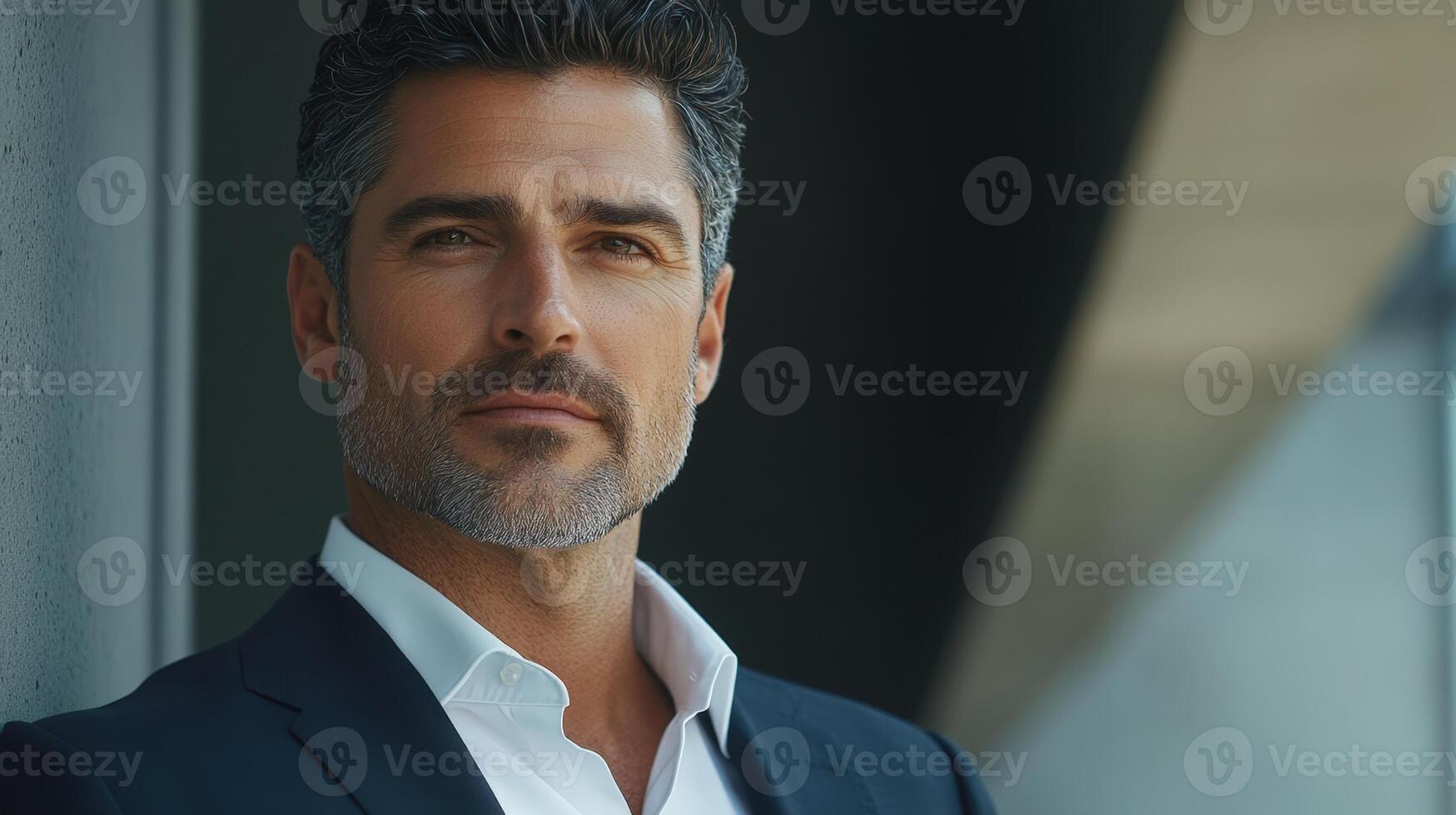 Image of confident businessman working in office and looking on computer photo