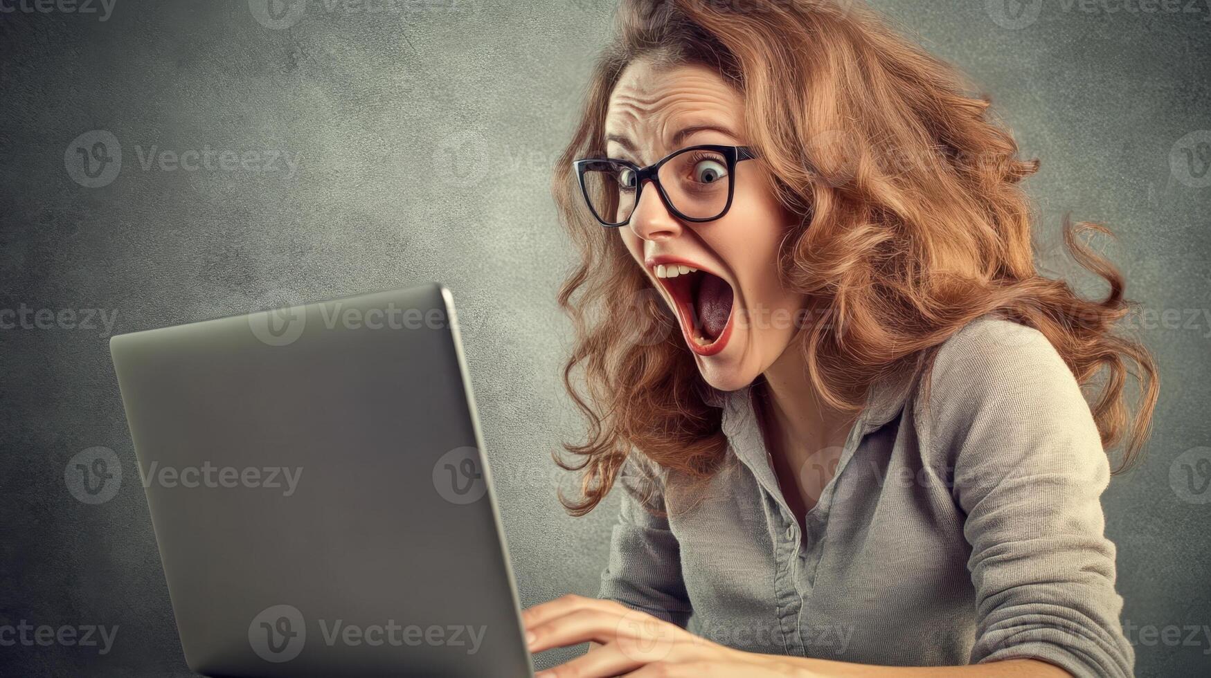 Woman is sitting on a bed with a laptop open in front of her photo